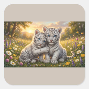 Sticker Carré Adorables petits Tigres Blancs – Cadeau d'Amitié D