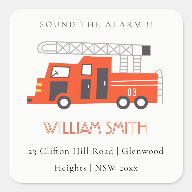 Sticker Carré Adresse Anniversaire de enfant du moteur de camion (Devant)