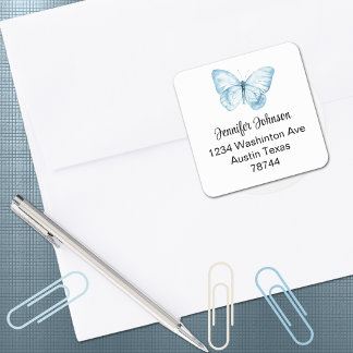 Sticker Carré Adresse de Baby Shower Garçon Papillon Bleu
