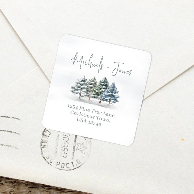 Sticker Carré Adresse de retour Aquarelle Arbres de pin personna (Christmas return address label sticker.)