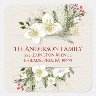 Sticker Carré Adresse de retour d'aquarelle botanique de Noël
