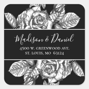 Sticker Carré Adresse de Retour de Mariage Florale Noir Blanc Él