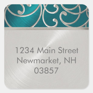 Sticker Carré Adresse de retour Elegant Turquoise Blue Silver Fi