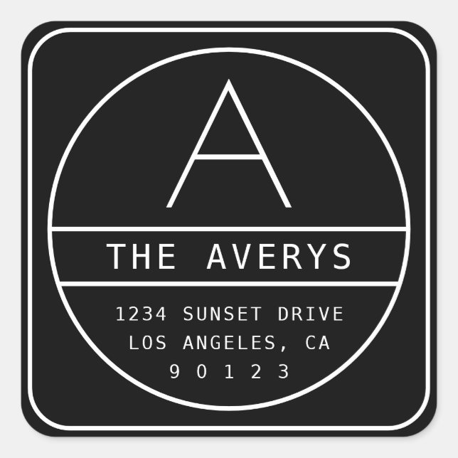 Sticker Carré Adresse de retour moderne et monogramme | Noir et  (Devant)
