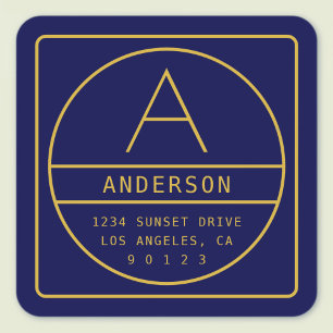 Sticker Carré Adresse de Retour Moderne & Monogramme Or & Bleu