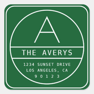 Sticker Carré Adresse de retour moderne & monogramme   Vert