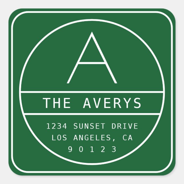 Sticker Carré Adresse de retour moderne & monogramme | Vert (Devant)