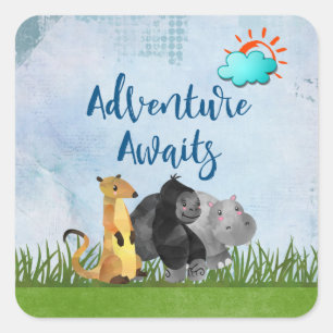 Sticker Carré Adventure Await Aquarelle Safari Jungle Animaux