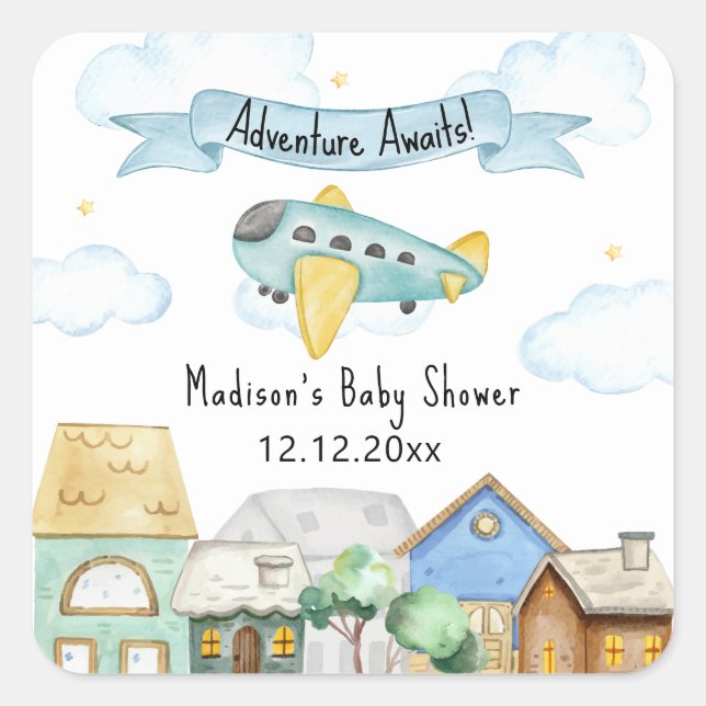 Sticker Carré Adventure Awaits Aviator Airplane Baby Shower  (Devant)