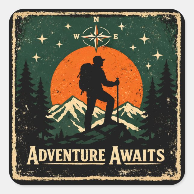 Sticker Carré Adventure Awaits – Outdoor Exploration Hiker (Devant)