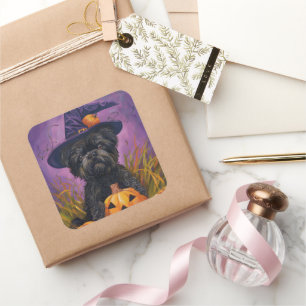 Sticker Carré Affenpinscher effrayant Halloween Sorcière et Citr