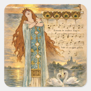 Sticker Carré Affiche Art Nouveau Elsa Lohengrin avec des cygnes