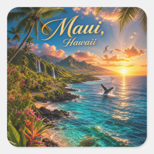 Sticker Carré Affiche de voyage de la côte tropicale de Maui Haw