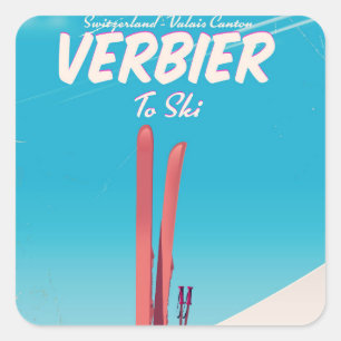 Sticker Carré Affiche de voyage de ski vintage Verbier, Suisse.