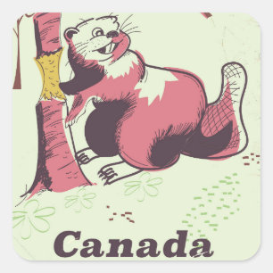 Sticker Carré affiche de voyage du castor vintage du Canada