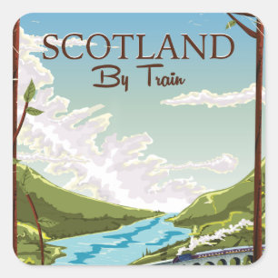 Sticker Carré Affiche de voyage en Écosse par train locomotive