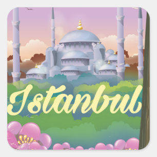 Sticker Carré Affiche de voyage mosquée bleue d'Istanbul
