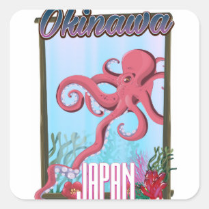Sticker Carré Affiche de voyage sur les calmars d'Okinawa Japon