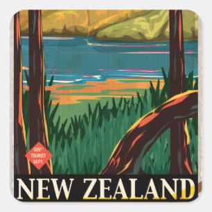 Sticker Carré Affiche de voyage vintage de Nouvelle-Zélande