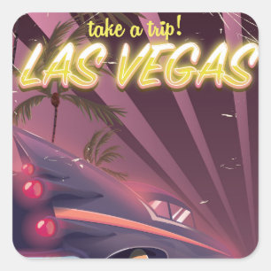 Sticker Carré Affiche de voyage vintage de voiture à Las Vegas.