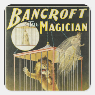 Sticker Carré Affiche Magique Vintage, Magicien Bancroft et Lion