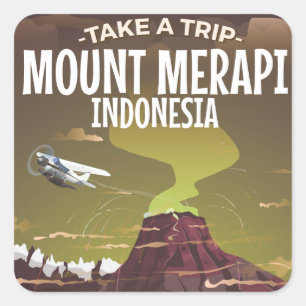 Sticker Carré Affiche vintage de dessin animé du Mont Merapi Ind