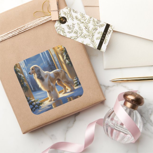 Sticker Carré Afghan Hound With Christmas Lights Holiday (Cadeaux)