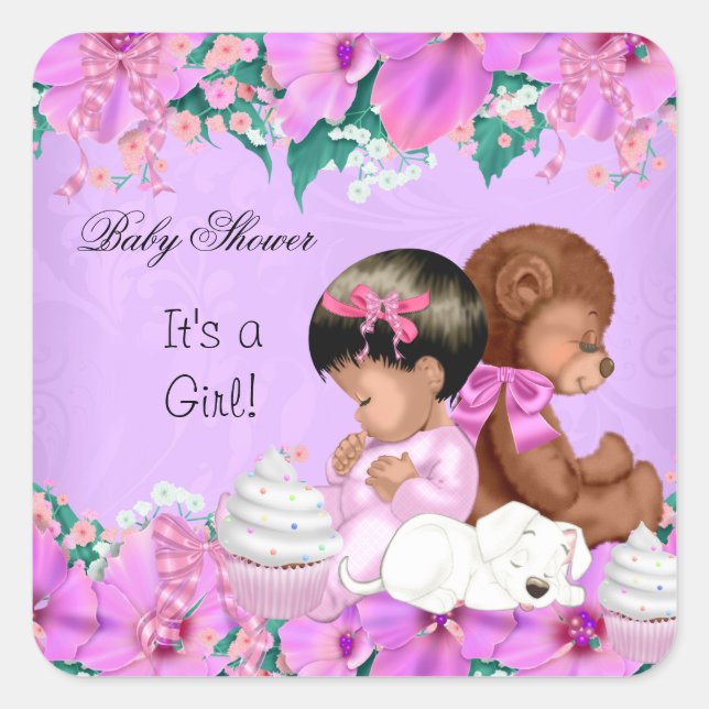 Sticker Carré Africain Américain mignon Baby shower fille chiot (Devant)