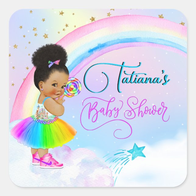 Sticker Carré Afro Puff Baby Girl Pastel Rainbow Baby shower (Devant)