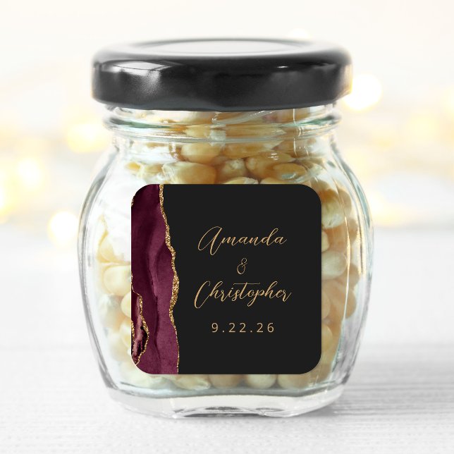 Sticker Carré Agate Burgundy Gold Script Mariage foncé (Créateur téléchargé)