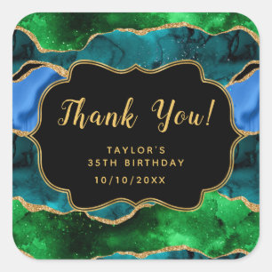 Sticker Carré Agate de Paon Bleu et Vert Anniversaire Merci