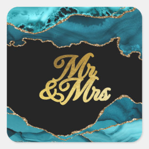 Sticker Carré Agate d'or Turquoise moderne M. & Mme Mariage
