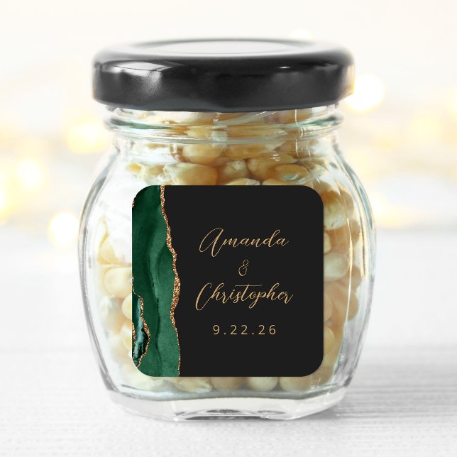 Sticker Carré Agate Emerald Green Gold Script Mariage foncé (Créateur téléchargé)