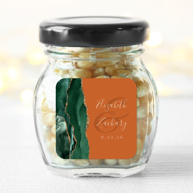 Sticker Carré Agate Geode Script Emerald Green Gold Rust Mariage (Créateur téléchargé)
