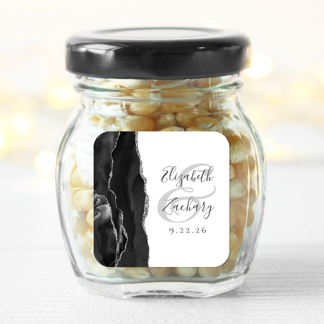 Sticker Carré Agate Geode Script Mariage noir argent (Créateur téléchargé)
