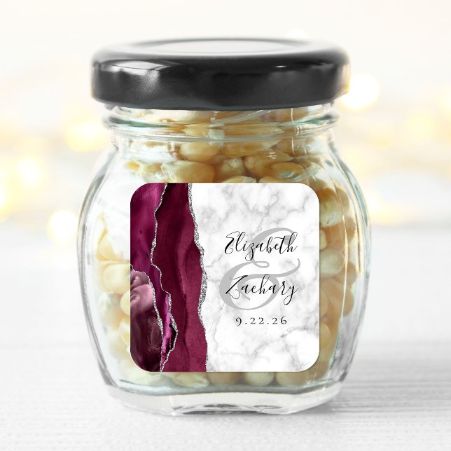 Sticker Carré Agate Marbre Bourgogne Argent Mariage Script (Créateur téléchargé)