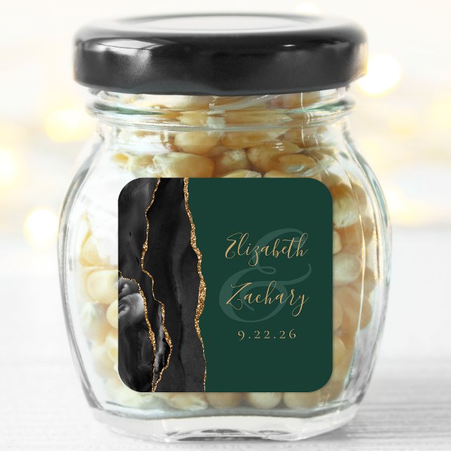 Sticker Carré Agate Script Black Gold Emerald Mariage (Créateur téléchargé)