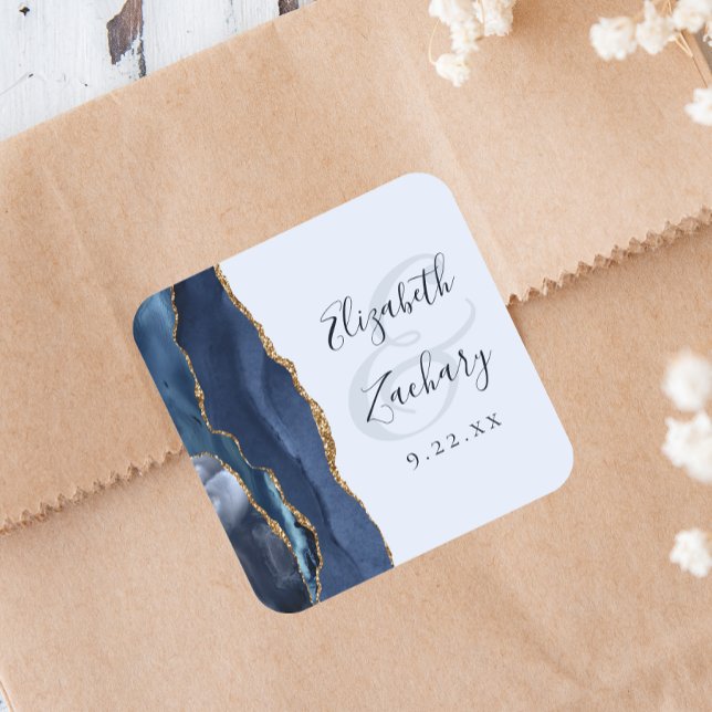Sticker Carré Agate Script Navy Pale Blue Gold Wedding (Créateur téléchargé)