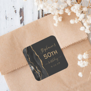 Sticker Carré Agate Script Noir Or Sombre 50e Anniversaire