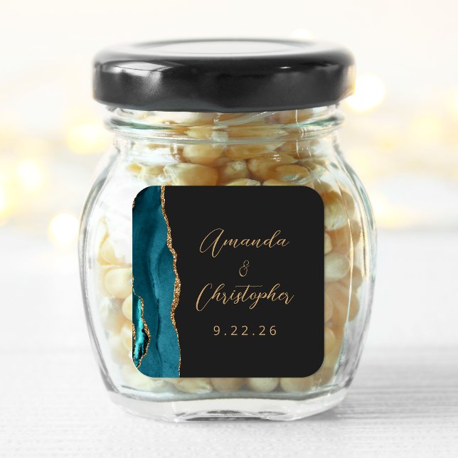 Sticker Carré Agate Turquoise Blue Gold Script Dark Mariage (Créateur téléchargé)