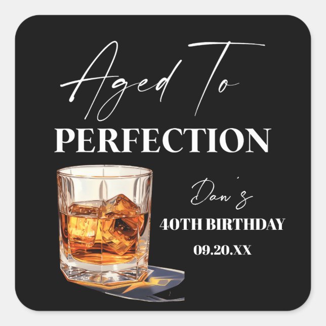 Sticker Carré Aged To Perfection Whisky Glass Birthday Party (Devant)