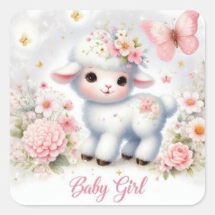 Sticker Carré Agneau mignon pour fille avec fleurs et papillons