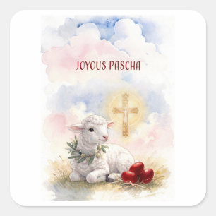 Sticker Carré Agneau pascal joyeux, œufs rouges et croix