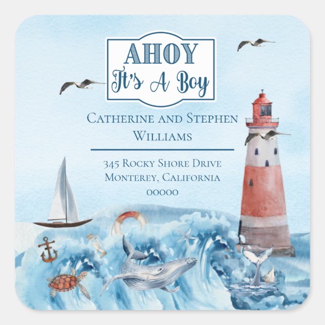 Sticker Carré Ahoy Boy Lighthouse Baby shower Adresse de retour (Devant)
