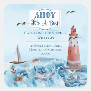 Sticker Carré Ahoy Boy Lighthouse Baby shower Adresse de retour