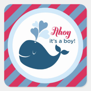 Sticker Carré Ahoy, C'est un Baby shower rouge garçon et bleu m