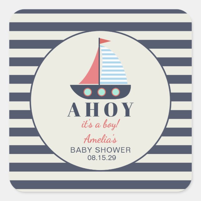 Sticker Carré Ahoy C'est un garçon Baby shower nautique (Devant)