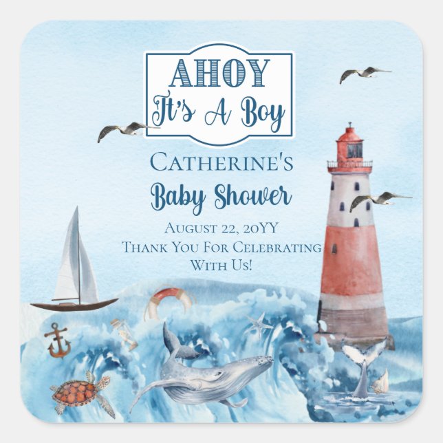 Sticker Carré Ahoy C'est un phare Baby shower Océan Boy (Devant)