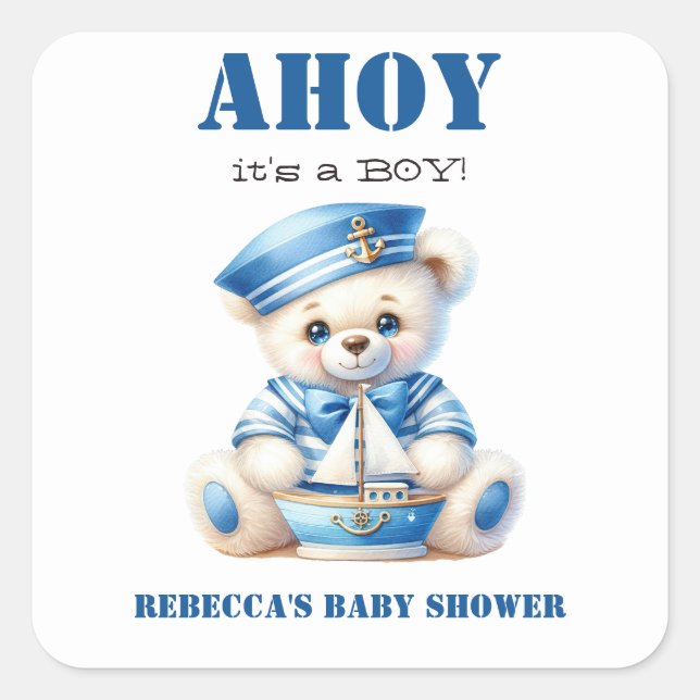 Sticker Carré Ahoy Nautical Blue Sailor Bear Baby shower (Devant)