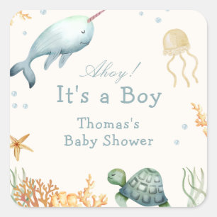 Sticker Carré Ahoy Neutre Sous Le Baby shower Des Baleines De Me